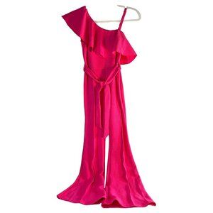 Unbranded Girls Jumpsuit Pink One Shoulder with Strap Ruffle Neck Waist Tie Flar